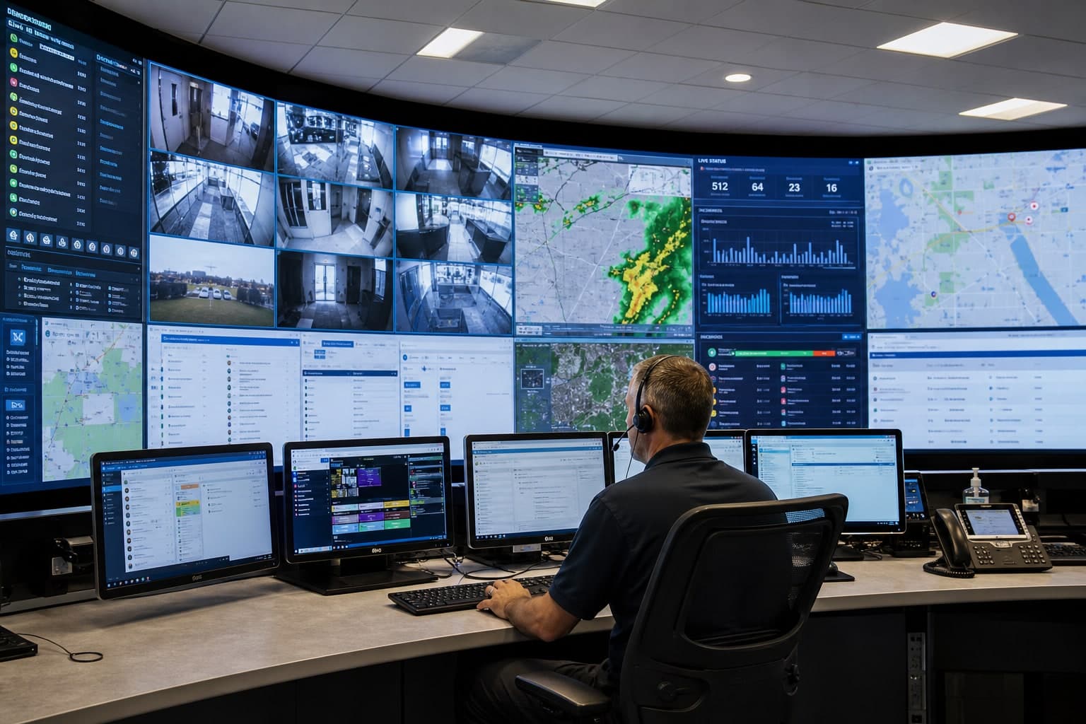Control room with curved LED video wall and operator workstations