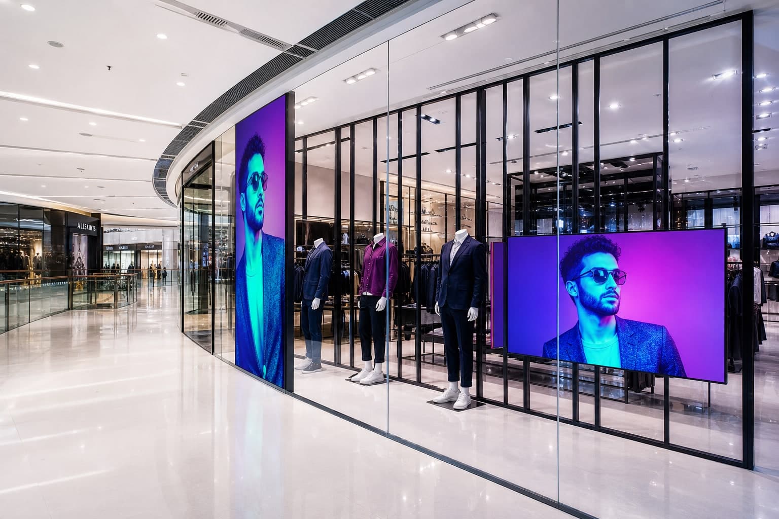 Large-format LED displays integrated into a retail storefront in a public mall interior