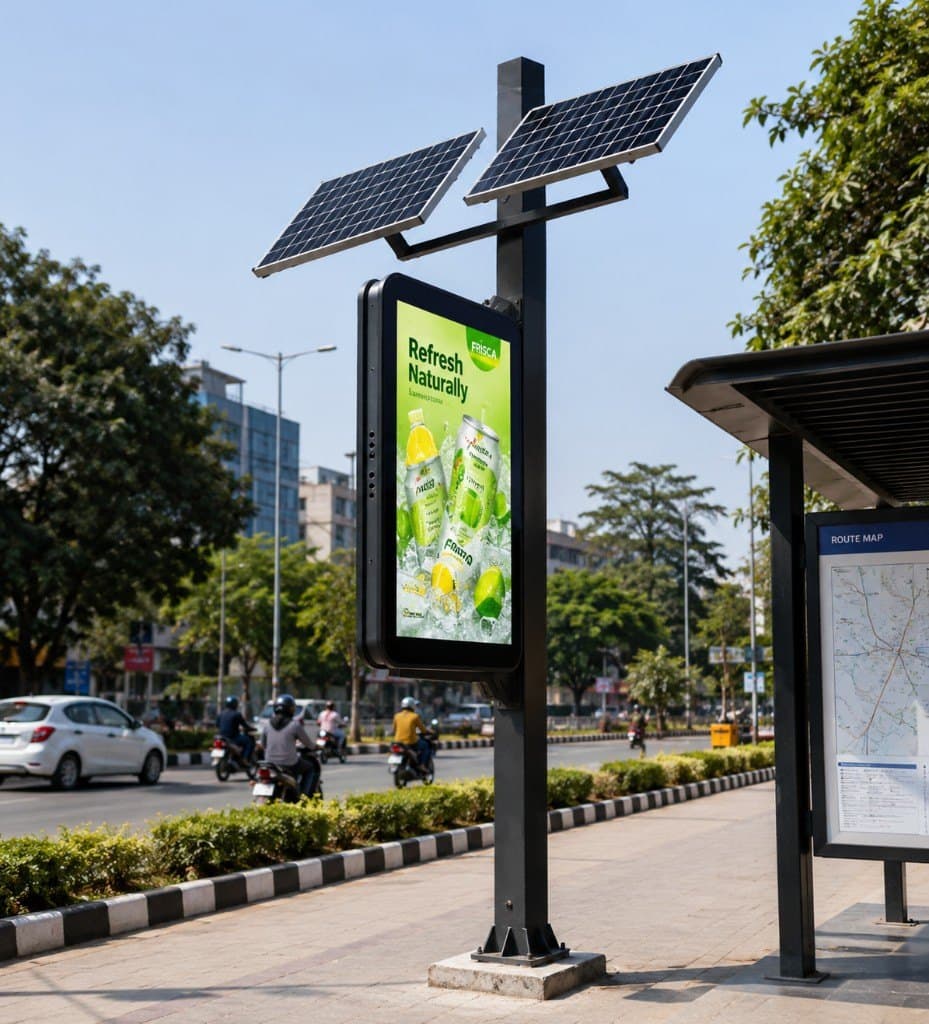 Solar-powered digital display at a bus stop, with panels mounted above the screen