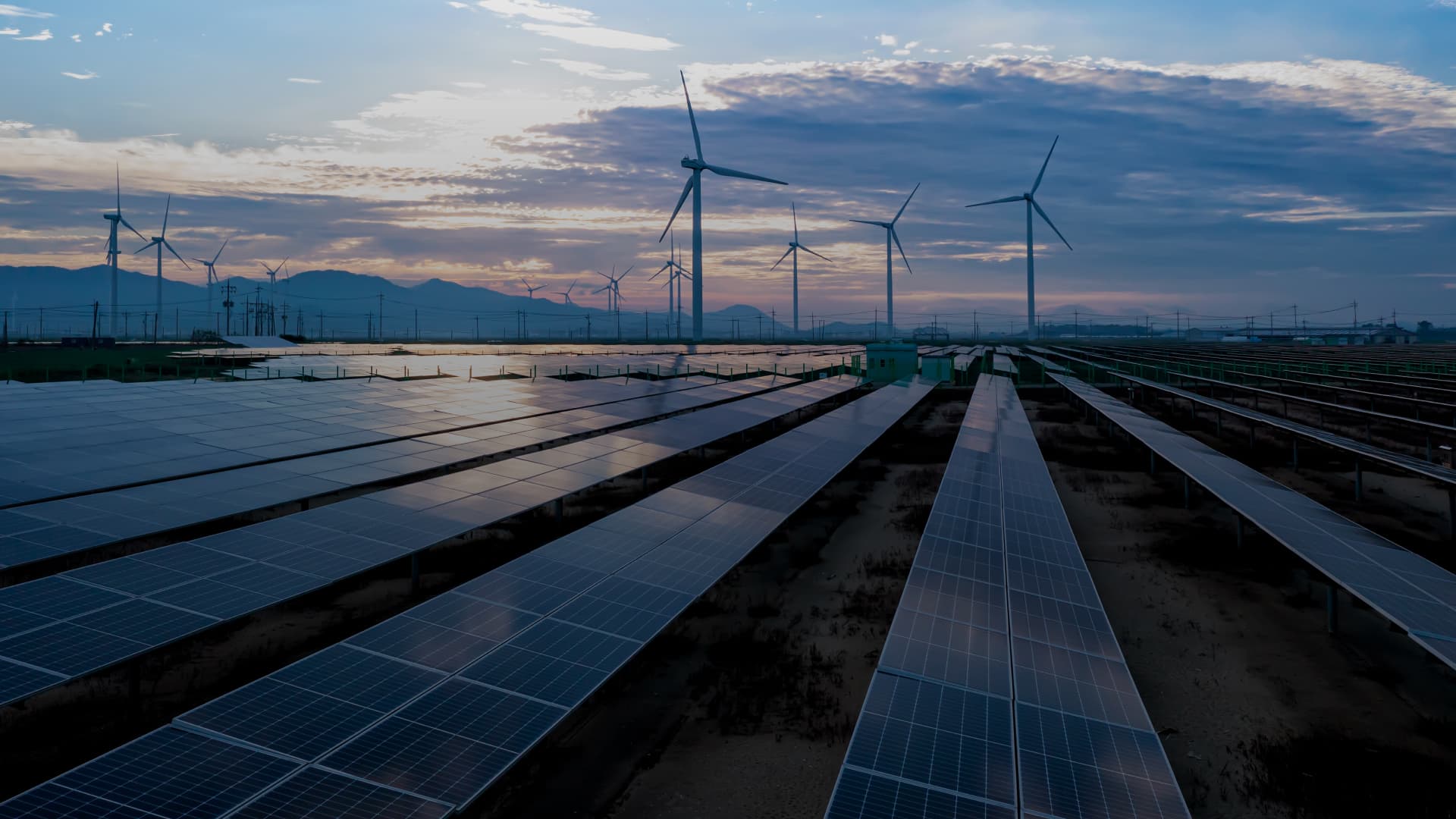 Commercial solar array installed across an open site